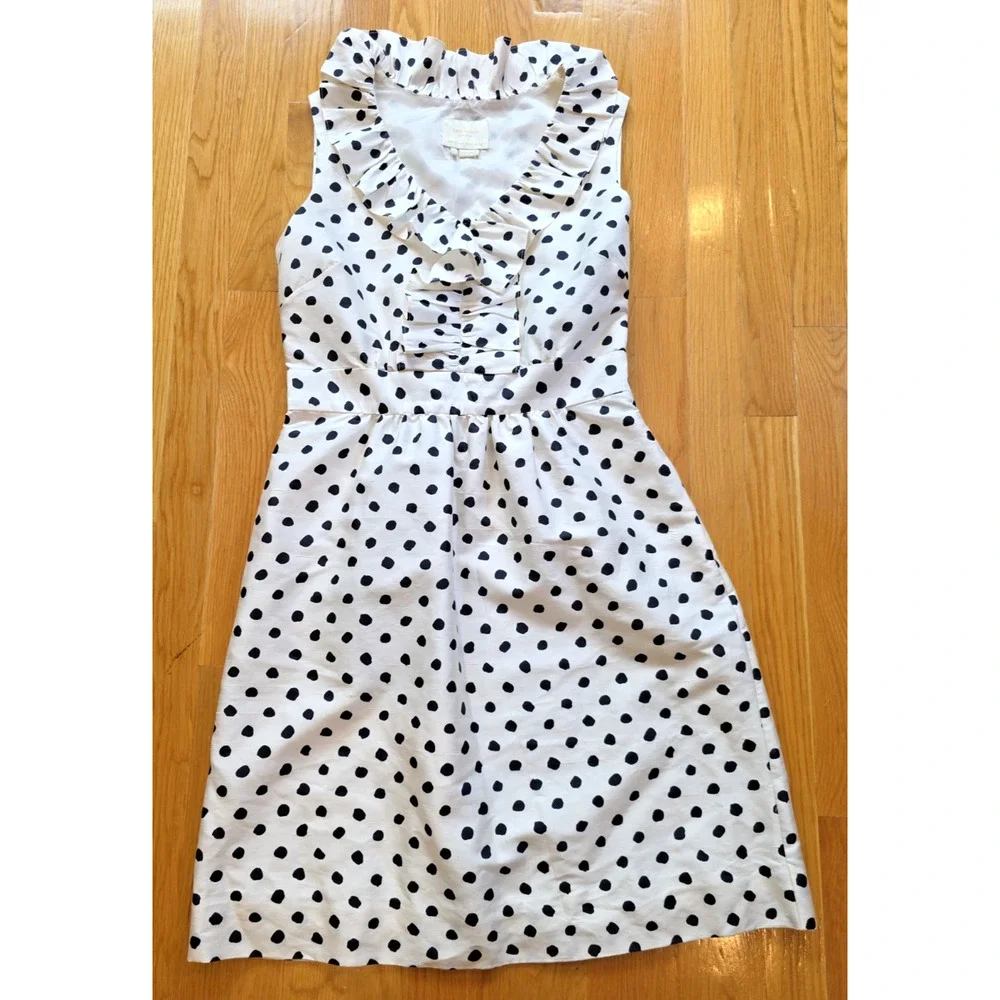 Kate Spade New York 100% Silk Polka Dot Ruffle Dress Pockets Ivory Black 8